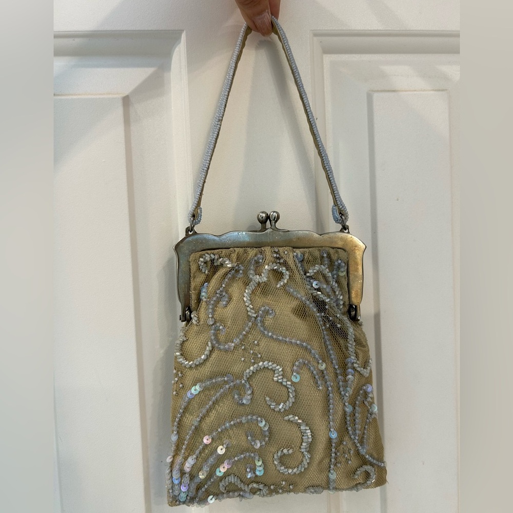 Saks Fifth Avenue Sequin and Beaded Evening Purse with attached mirror, clip top